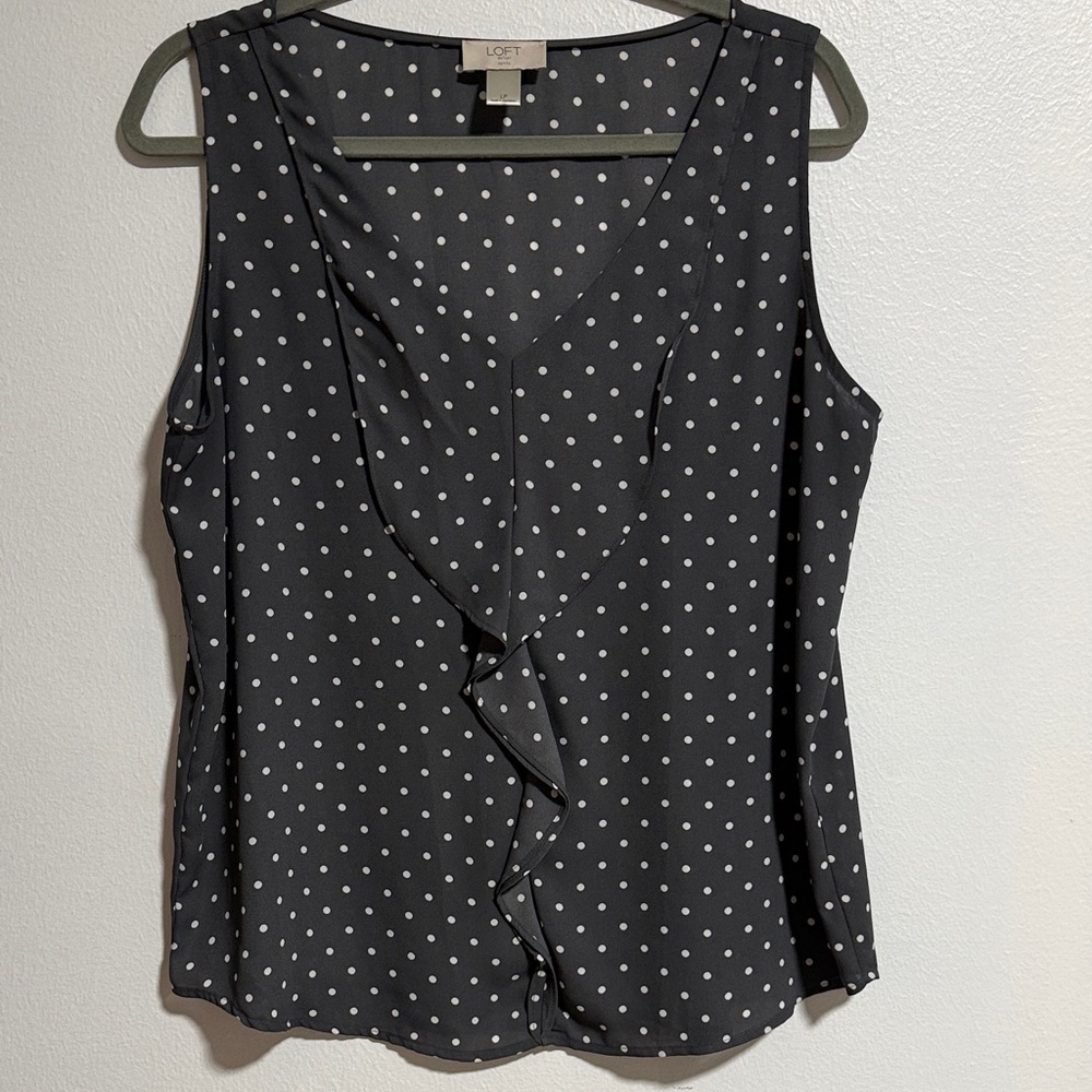 LOFT Sleeveless Grey and White Polka Dot Blouse